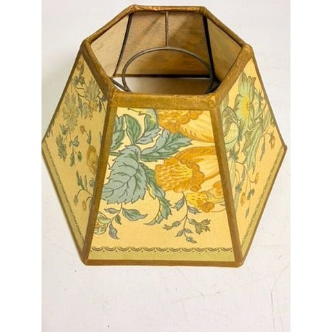 Hurricane Lamp Shade Sexagon Mid Century Lampshades Fabric Floral Chimney Fitter 6 sided Oil Lamp Vintage Flowers Gold Trim Handmade