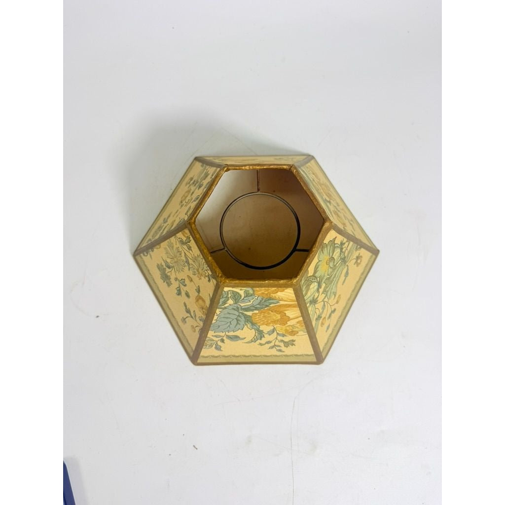 Hurricane Lamp Shade Sexagon Mid Century Lampshades Fabric Floral Chimney Fitter 6 sided Oil Lamp Vintage Flowers Gold Trim Handmade
