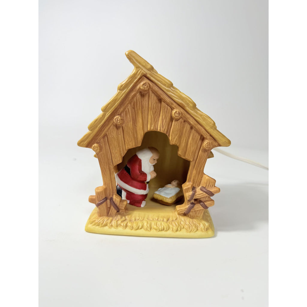 Christmas Nativity The Kneeling Santa Light Up Ceramic Manger ROMAN Inc Santa Kneeling in Prayer with Baby Jesus Holdiay Decor Night Light