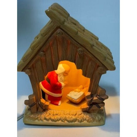 Christmas Nativity The Kneeling Santa Light Up Ceramic Manger ROMAN Inc Santa Kneeling in Prayer with Baby Jesus Holdiay Decor Night Light