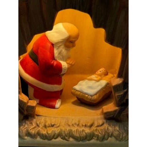 Christmas Nativity The Kneeling Santa Light Up Ceramic Manger ROMAN Inc Santa Kneeling in Prayer with Baby Jesus Holdiay Decor Night Light