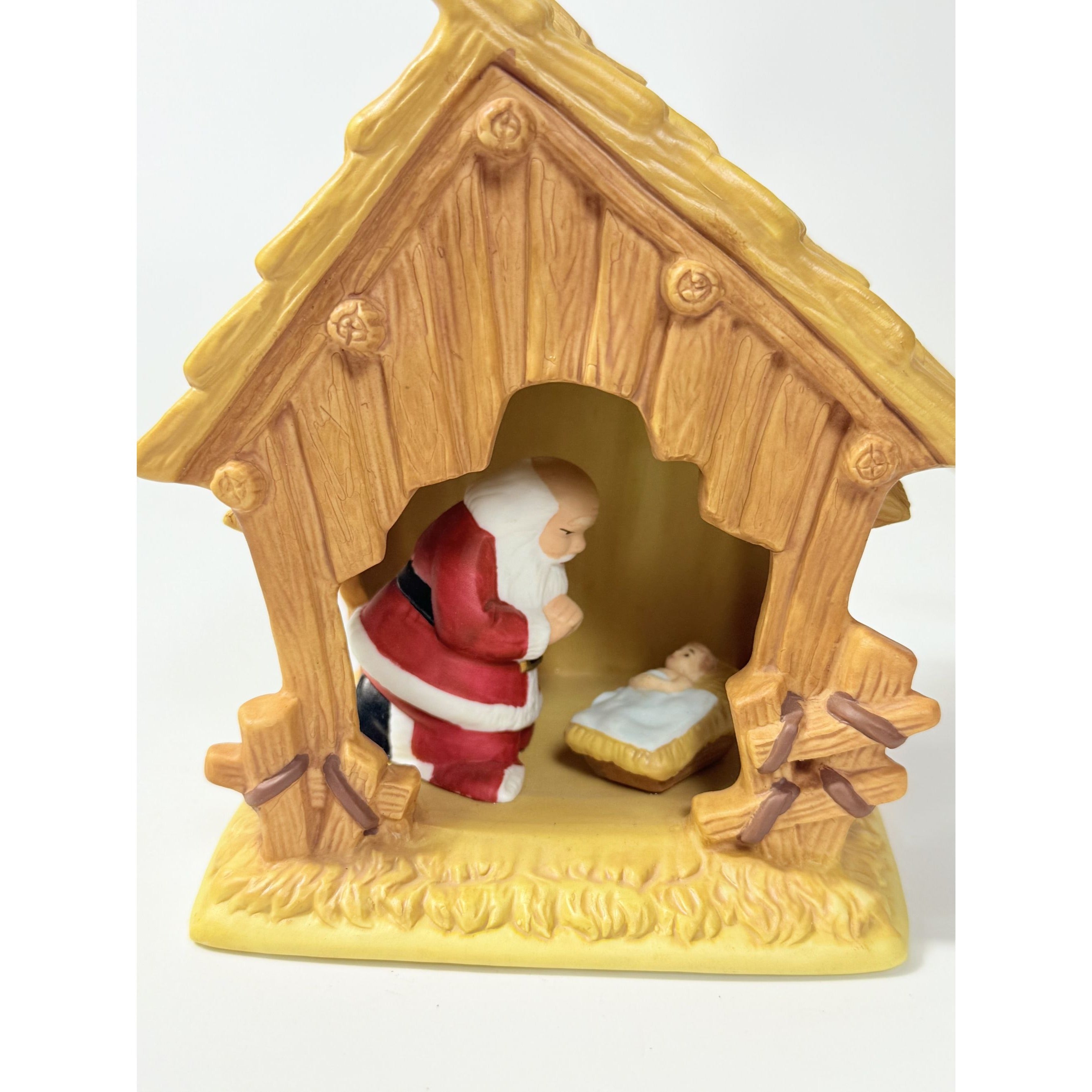 Christmas Nativity The Kneeling Santa Light Up Ceramic Manger ROMAN Inc Santa Kneeling in Prayer with Baby Jesus Holdiay Decor Night Light