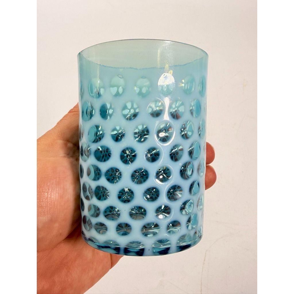 Tumbler Fenton coin dot Window Reverse Thumbprint Vintage Teal Turquiose Glassware Collectible