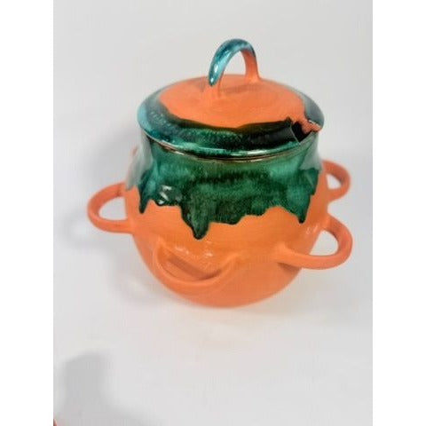 Chili Pot Soup Tureen Terra Cotta Pottery Hand Blue Glazed 6 handle Bowls Unique Southwestern Boho Coowkare Bakeware Vintage Serving Sets