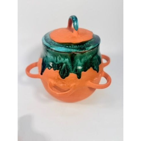 Chili Pot Soup Tureen Terra Cotta Pottery Hand Blue Glazed 6 handle Bowls Unique Southwestern Boho Coowkare Bakeware Vintage Serving Sets