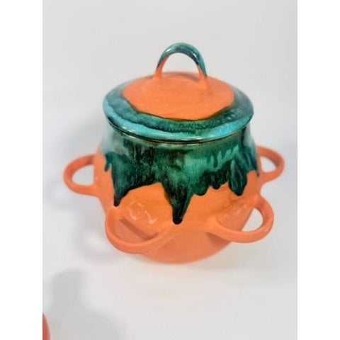 Chili Pot Soup Tureen Terra Cotta Pottery Hand Blue Glazed 6 handle Bowls Unique Southwestern Boho Coowkare Bakeware Vintage Serving Sets