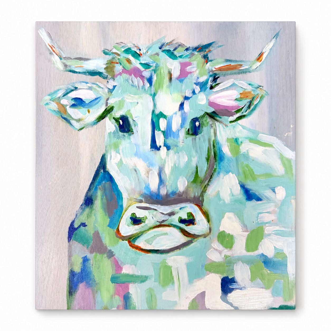 Cow Bull Wall Art Hand Painted Wooden Blue Hues Handmade Wall Home Decor Folk Art Farmhouse Cottage Grnany Core