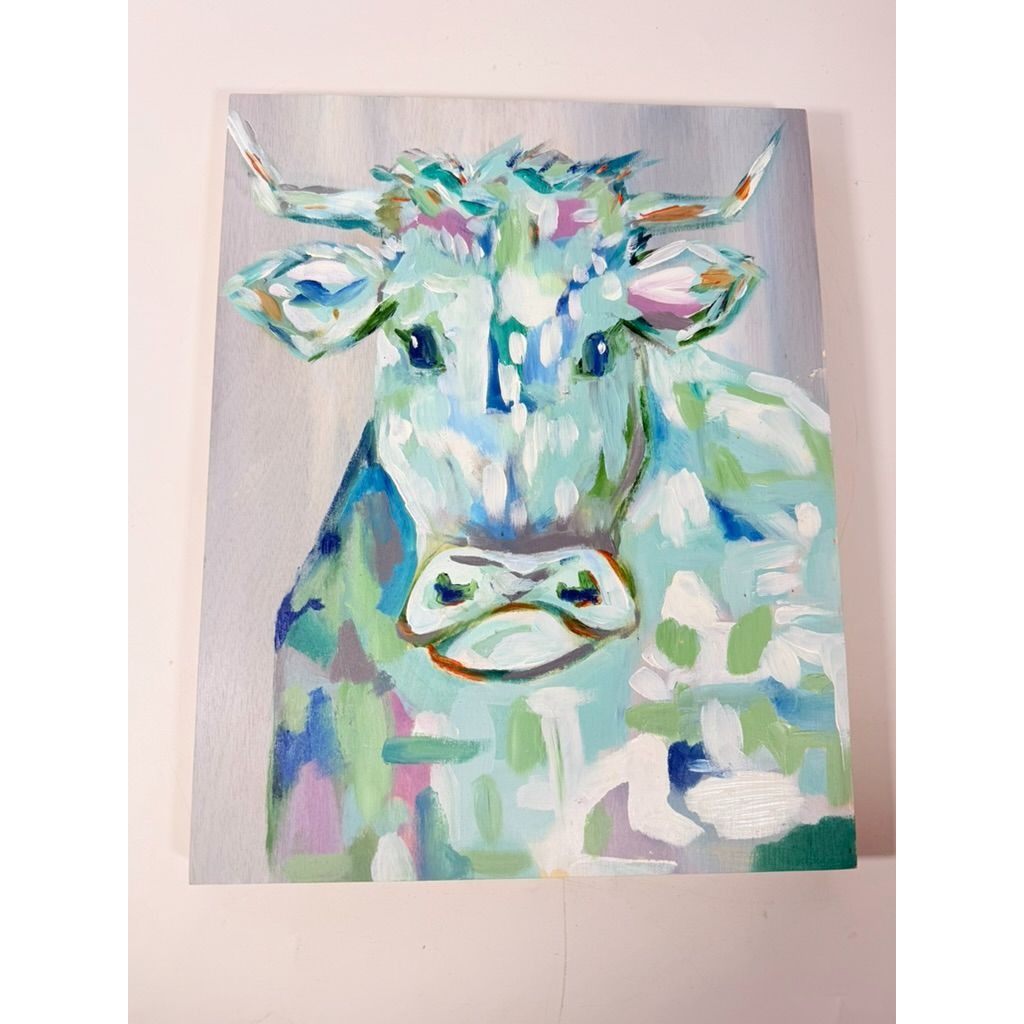 Cow Bull Wall Art Hand Painted Wooden Blue Hues Handmade Wall Home Decor Folk Art Farmhouse Cottage Grnany Core