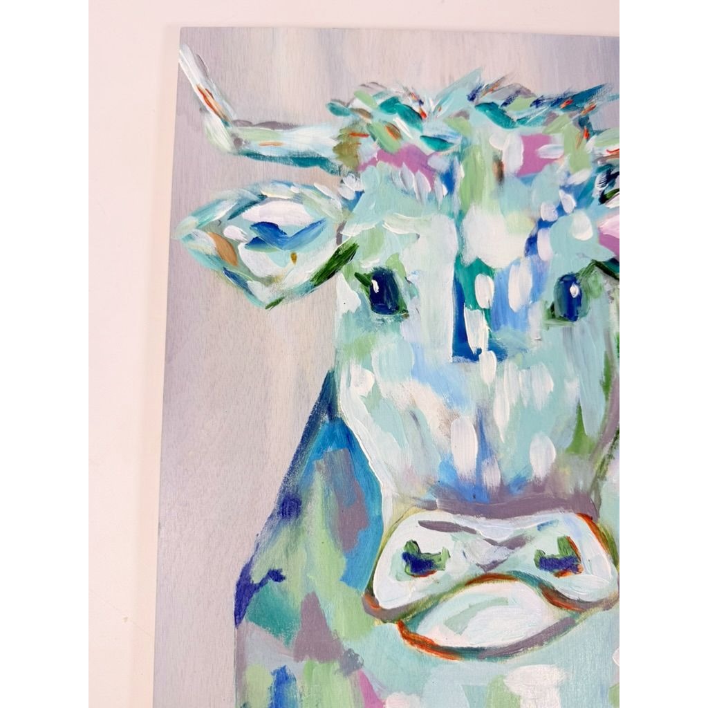 Cow Bull Wall Art Hand Painted Wooden Blue Hues Handmade Wall Home Decor Folk Art Farmhouse Cottage Grnany Core
