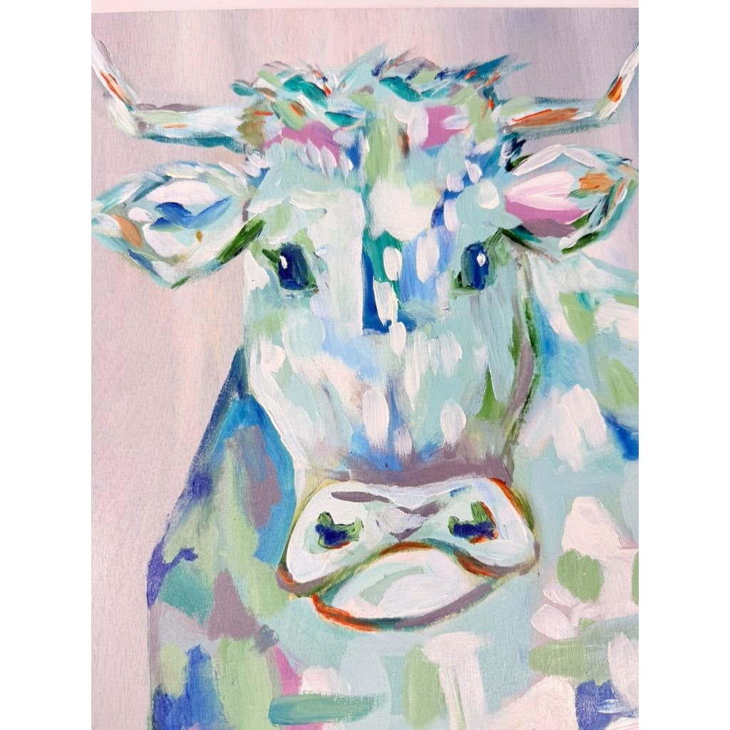 Cow Bull Wall Art Hand Painted Wooden Blue Hues Handmade Wall Home Decor Folk Art Farmhouse Cottage Grnany Core