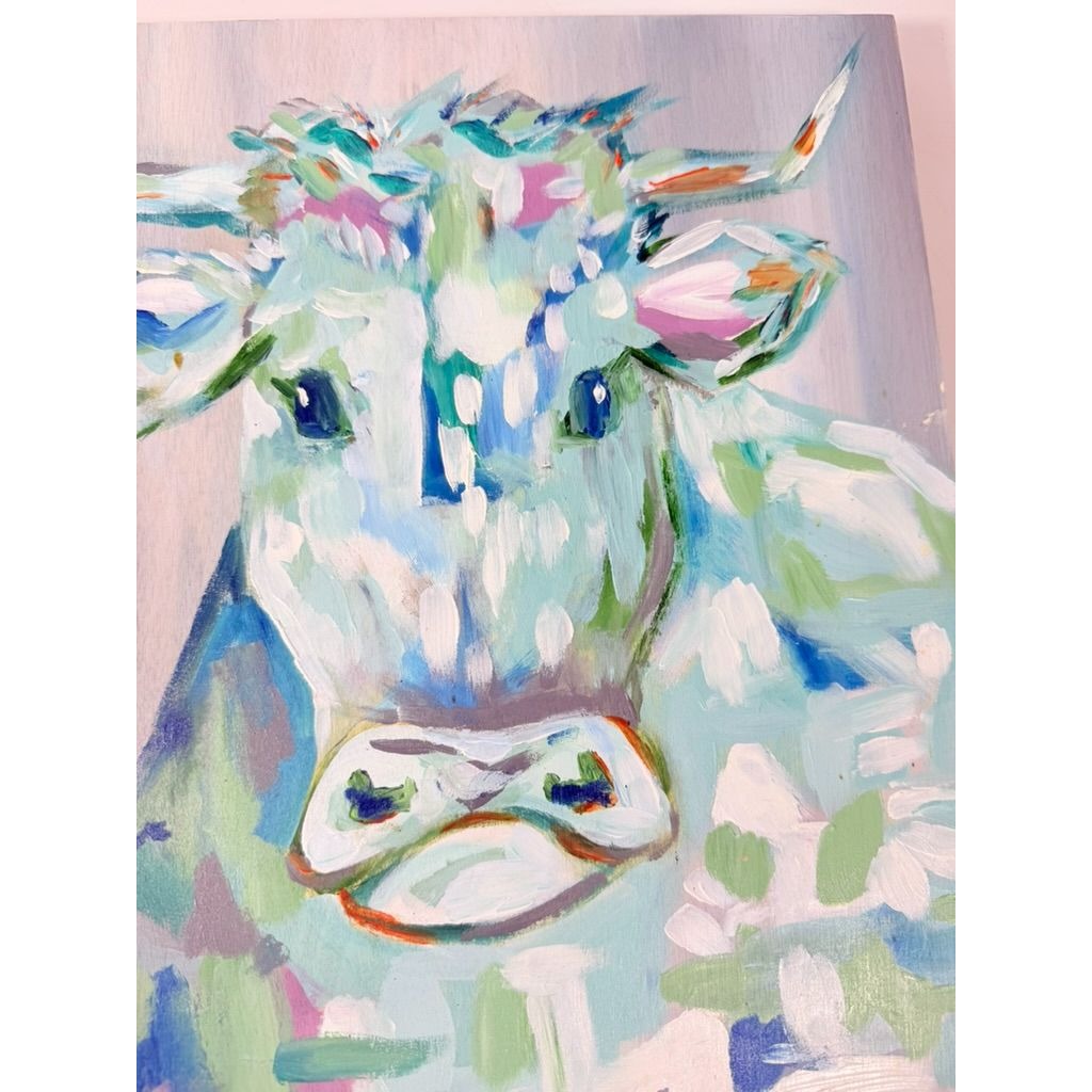 Cow Bull Wall Art Hand Painted Wooden Blue Hues Handmade Wall Home Decor Folk Art Farmhouse Cottage Grnany Core