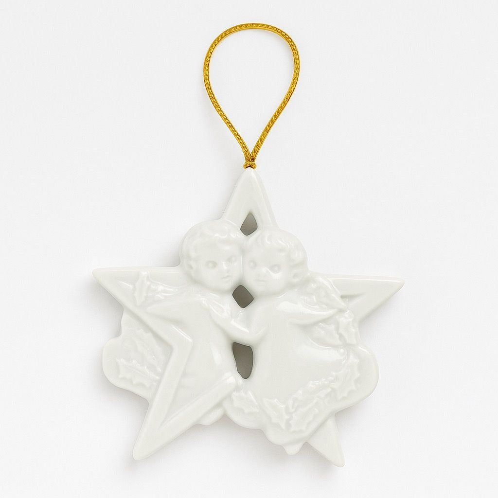 Christmas Tree Ornament Caroling Angels Star Haviland Limoges Signed France 1988 Artisit SIgned Vintage Poreceain Holiday Seasonal White