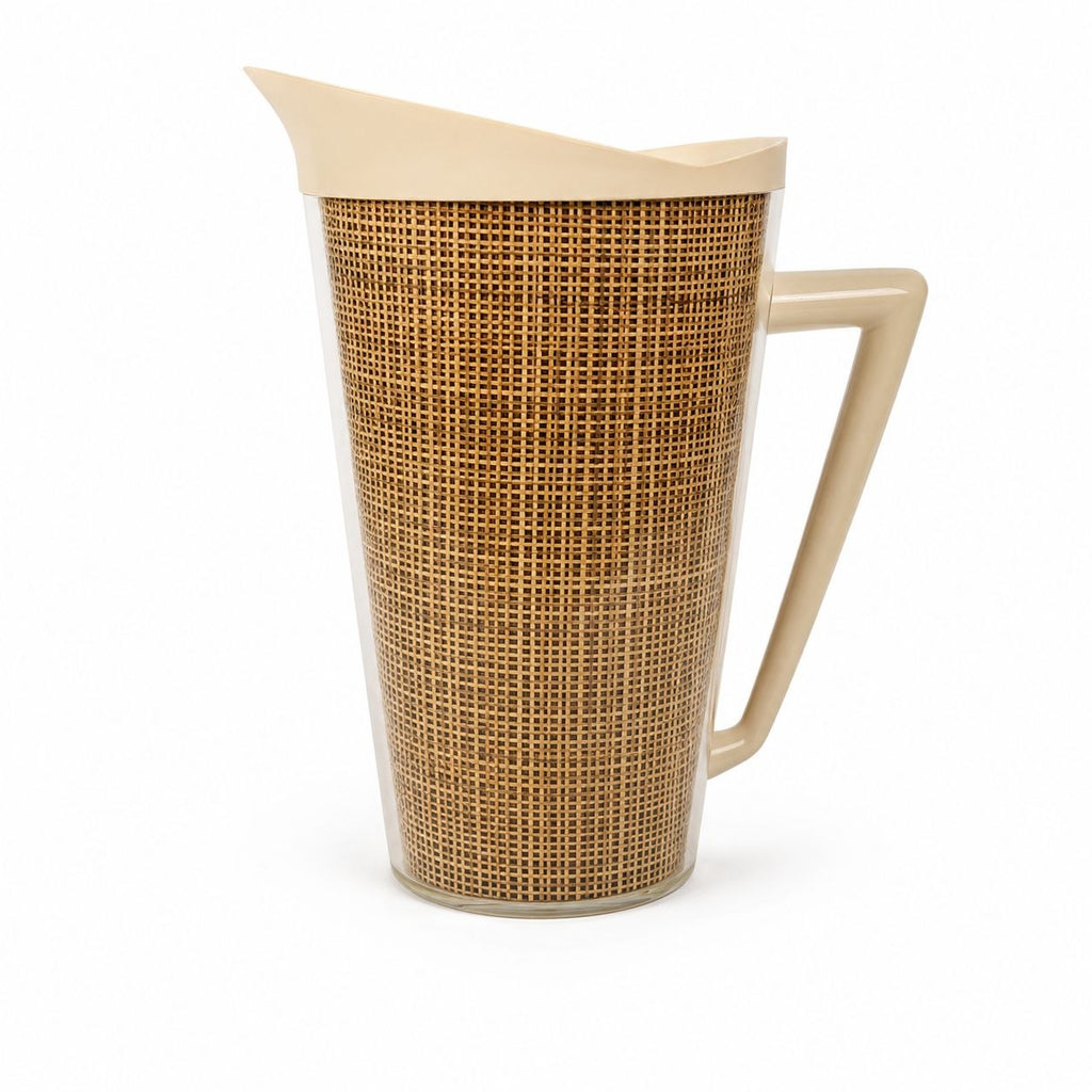 Raffiaware Pitcher Thermo-temp | Vintage Mid Century MCM Kitchy Pitcher Beige Plastic Raffia Weave Drinkware Party Barware Kitchen Serveware