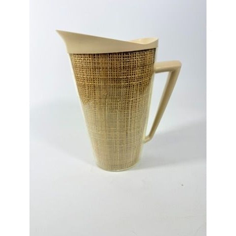 Raffiaware Pitcher Thermo-temp | Vintage Mid Century MCM Kitchy Pitcher Beige Plastic Raffia Weave Drinkware Party Barware Kitchen Serveware