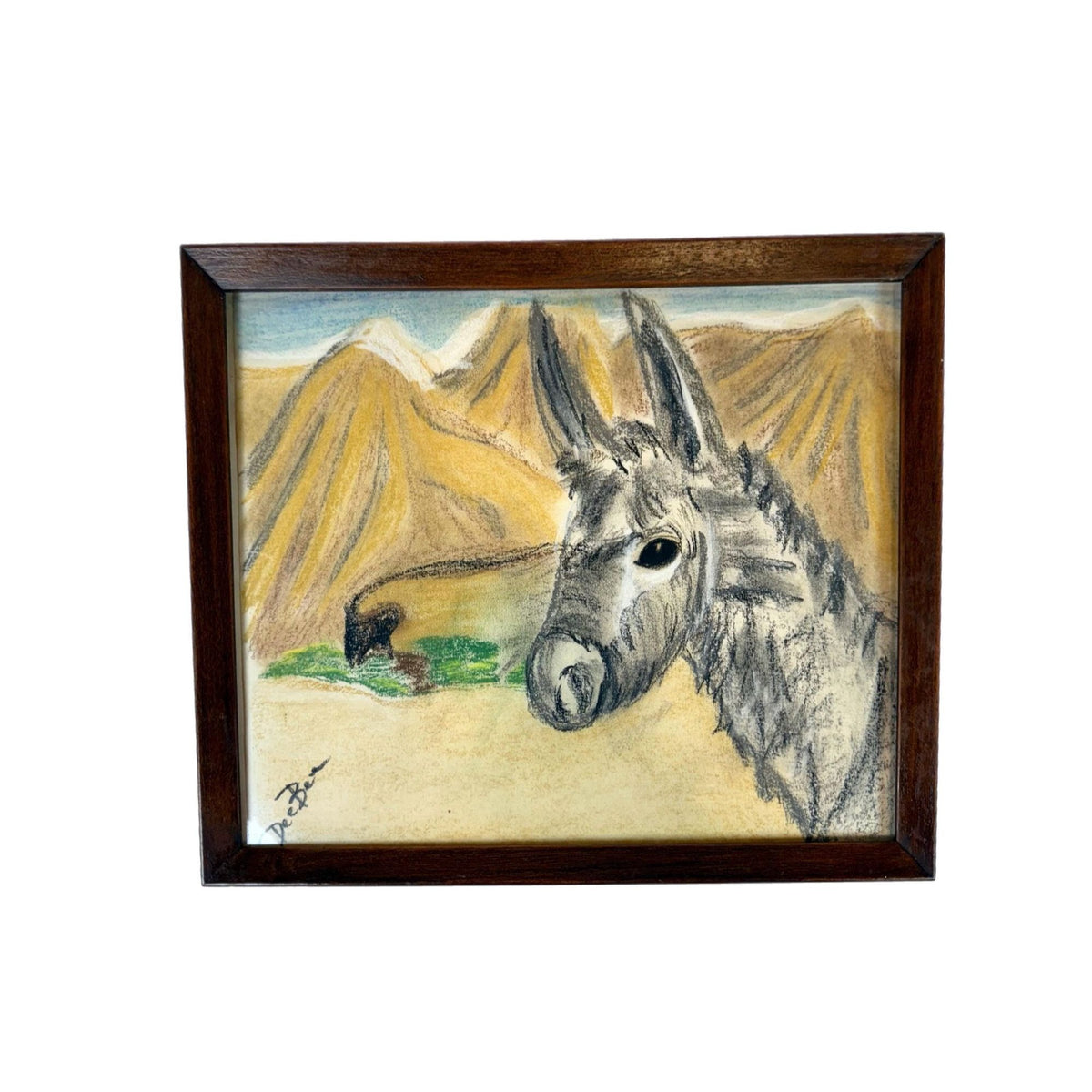 Donkey Artwork Sketch Framed Wall Decor Charcoal Artist Signed Mountains Burro Mule Hand painted  Mid Century Retro Kitschy Gallery Wall Art