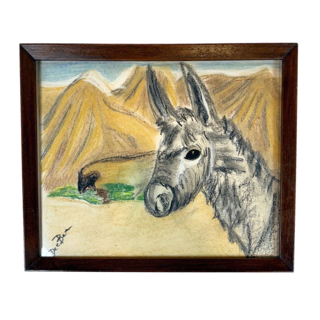 Donkey Artwork Sketch Framed Wall Decor Charcoal Artist Signed Mountains Burro Mule Hand painted  Mid Century Retro Kitschy Gallery Wall Art