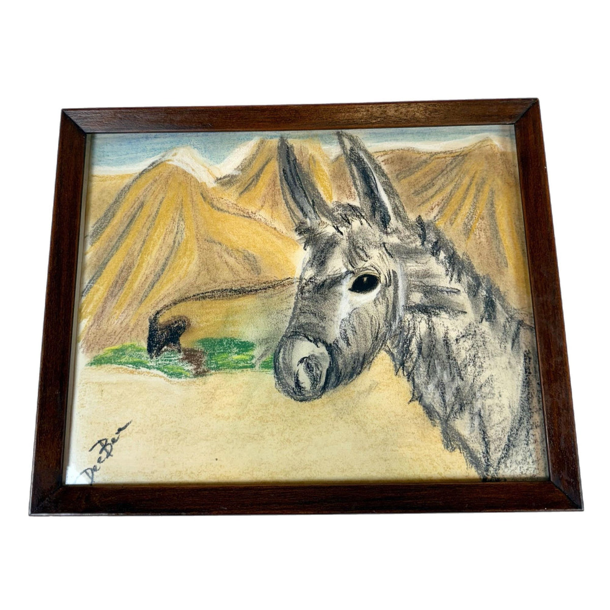 Donkey Artwork Sketch Framed Wall Decor Charcoal Artist Signed Mountains Burro Mule Hand painted  Mid Century Retro Kitschy Gallery Wall Art