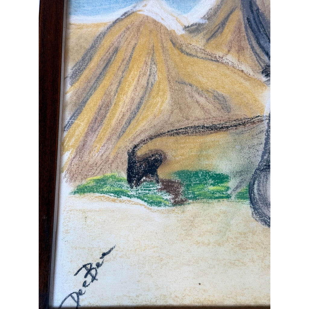 Donkey Artwork Sketch Framed Wall Decor Charcoal Artist Signed Mountains Burro Mule Hand painted  Mid Century Retro Kitschy Gallery Wall Art