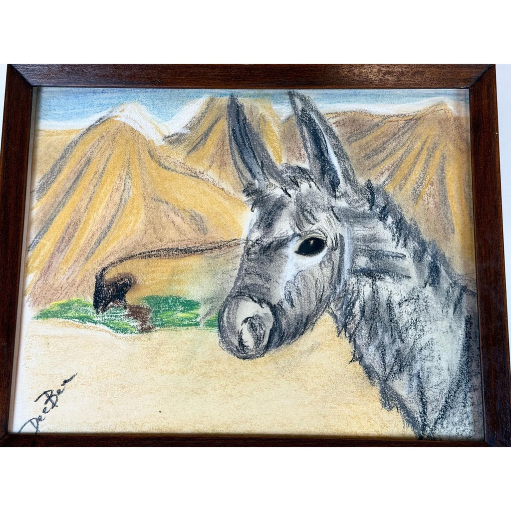 Donkey Artwork Sketch Framed Wall Decor Charcoal Artist Signed Mountains Burro Mule Hand painted  Mid Century Retro Kitschy Gallery Wall Art