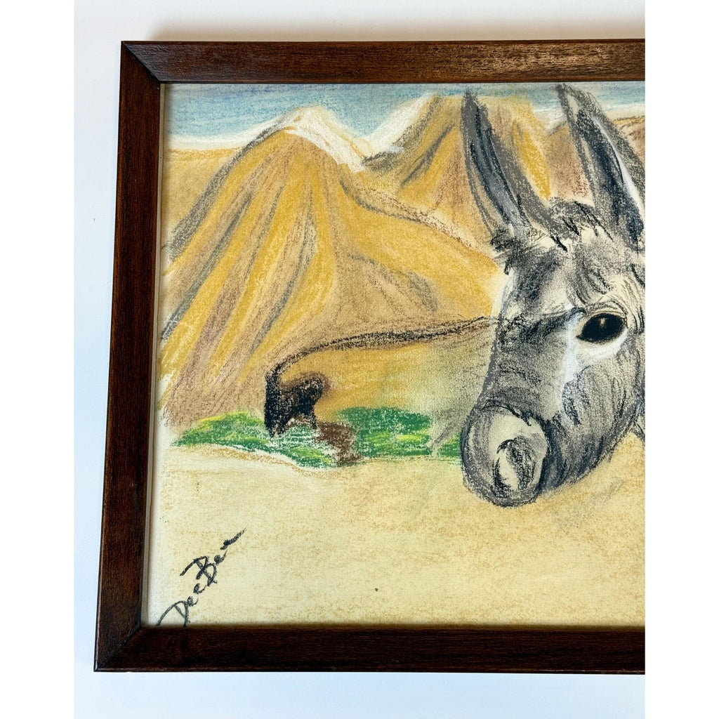 Donkey Artwork Sketch Framed Wall Decor Charcoal Artist Signed Mountains Burro Mule Hand painted  Mid Century Retro Kitschy Gallery Wall Art