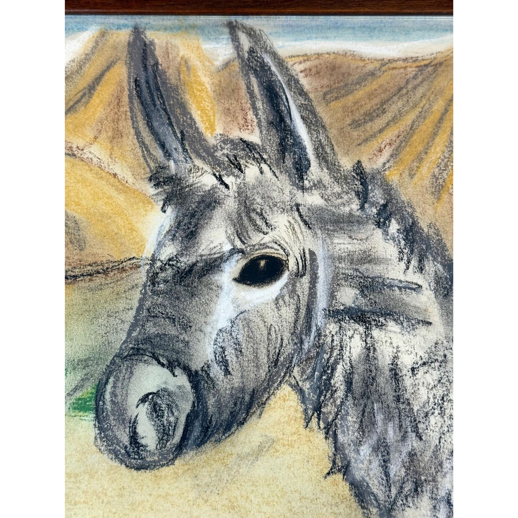 Donkey Artwork Sketch Framed Wall Decor Charcoal Artist Signed Mountains Burro Mule Hand painted  Mid Century Retro Kitschy Gallery Wall Art