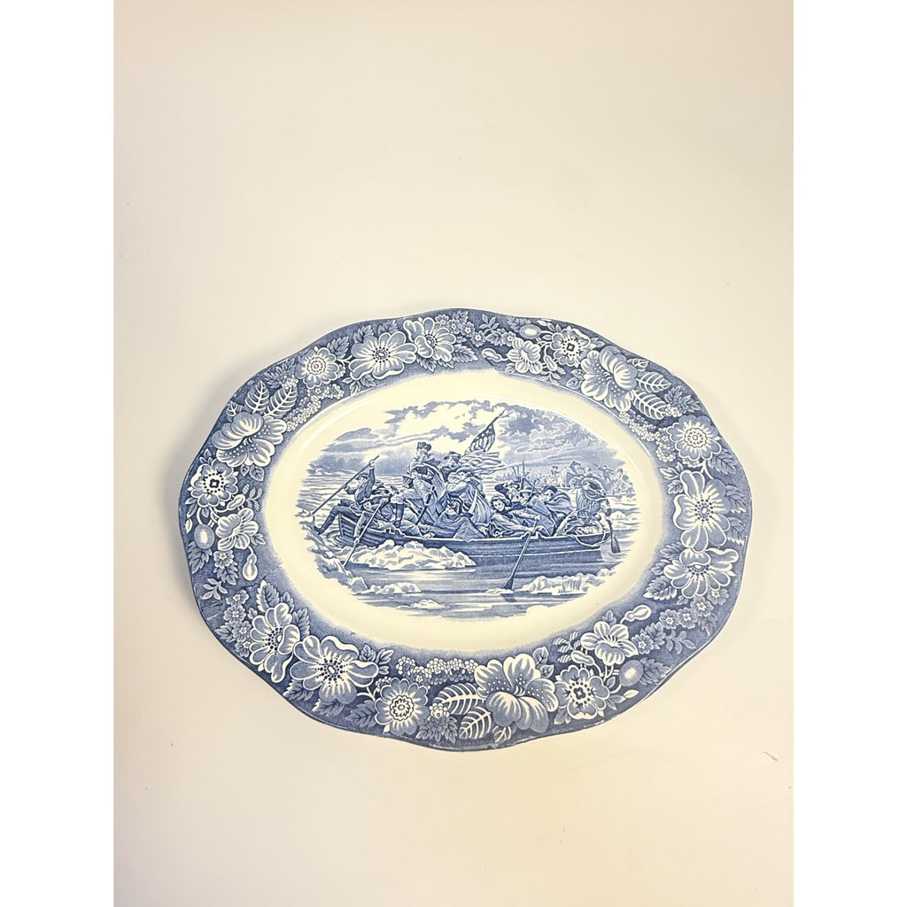 Intonstone Oval Serving Platter Staffordshire Liberty Blue 14" Oval Patriotic Washington Durham Boat Crossing Deleware Replacement China