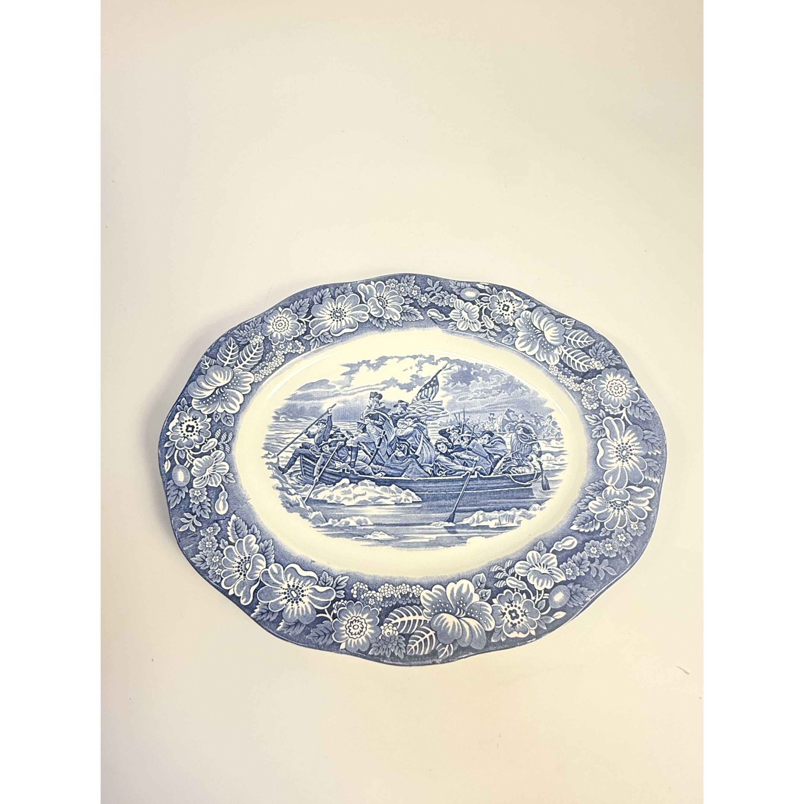 Intonstone Oval Serving Platter Staffordshire Liberty Blue 14" Oval Patriotic Washington Durham Boat Crossing Deleware Replacement China