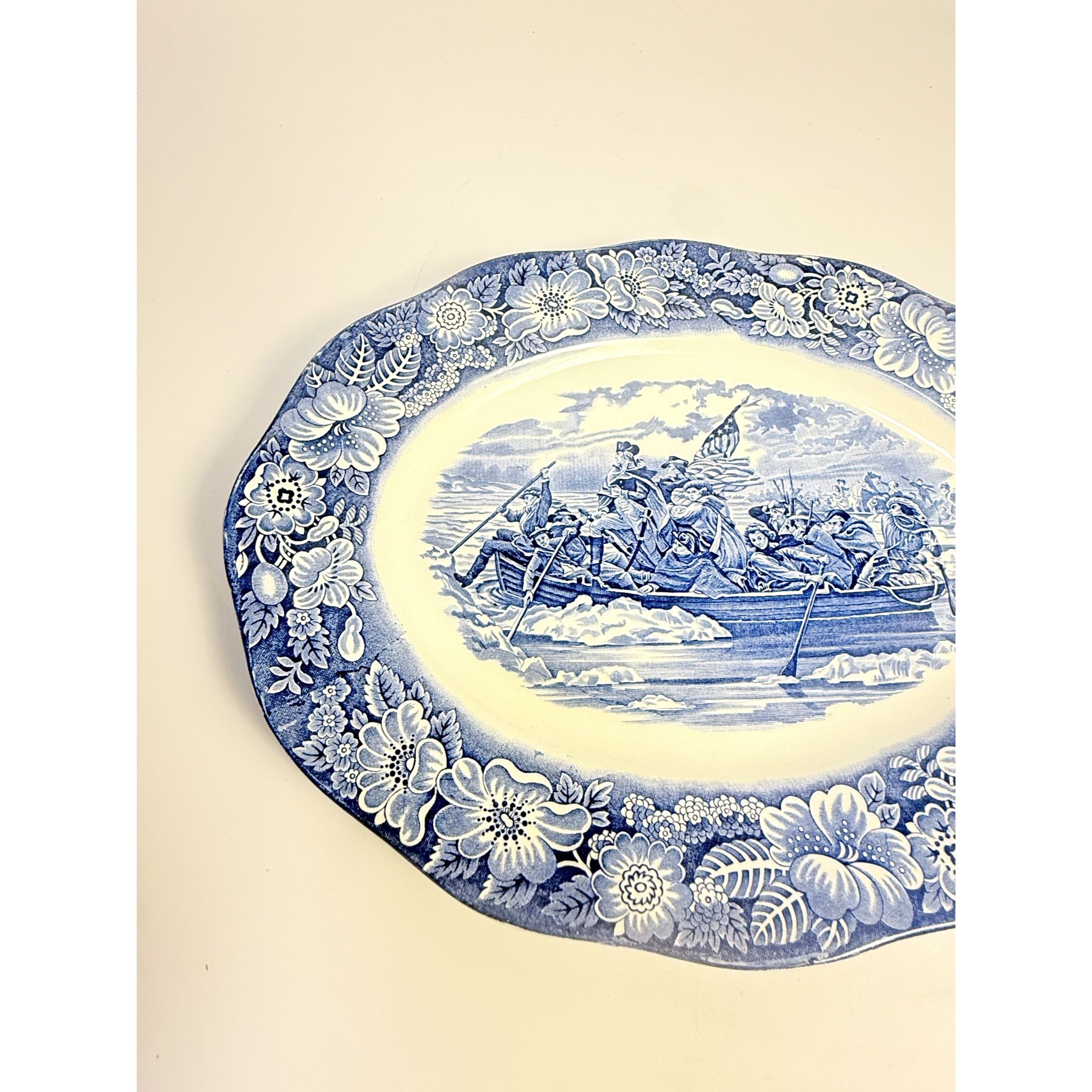 Intonstone Oval Serving Platter Staffordshire Liberty Blue 14" Oval Patriotic Washington Durham Boat Crossing Deleware Replacement China