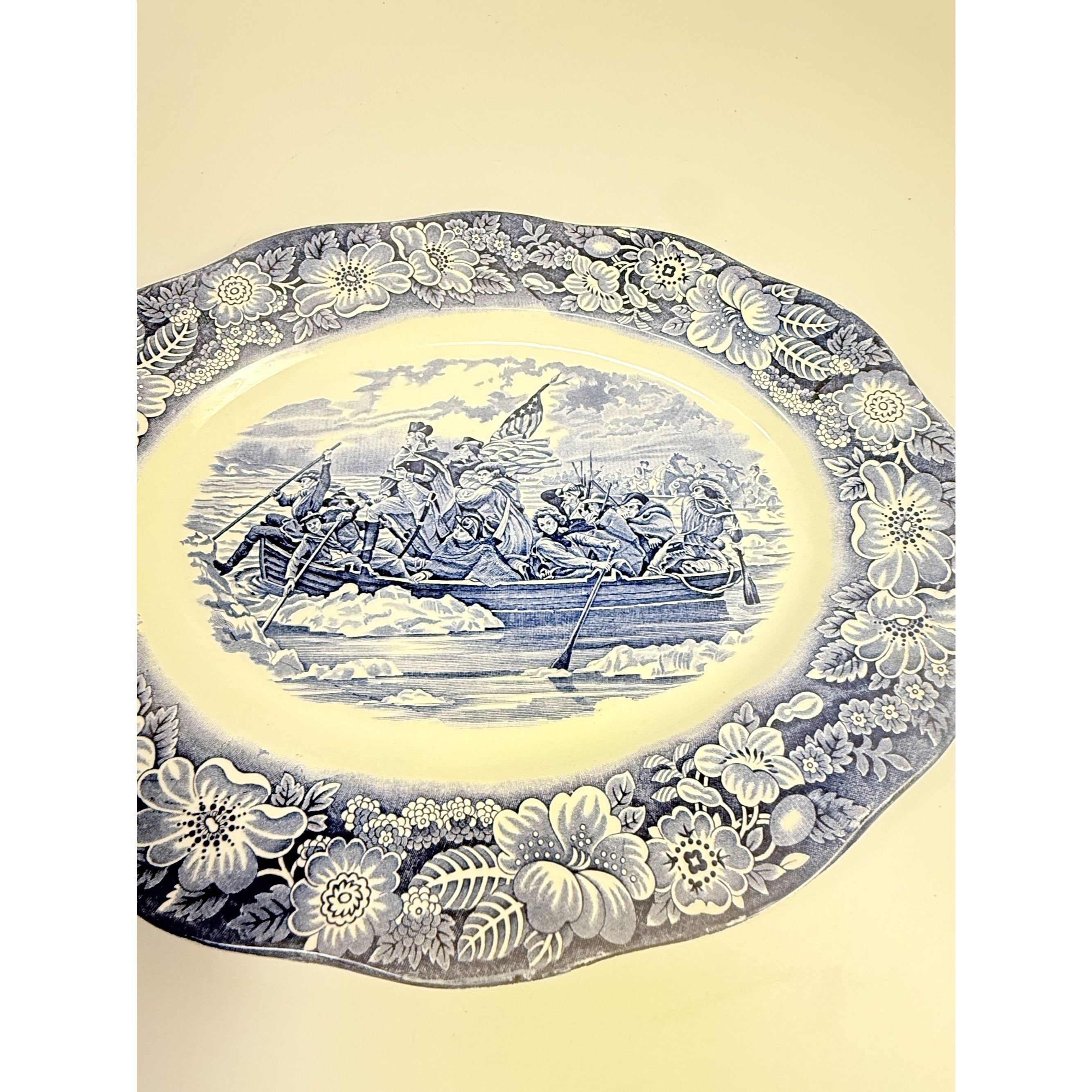 Intonstone Oval Serving Platter Staffordshire Liberty Blue 14" Oval Patriotic Washington Durham Boat Crossing Deleware Replacement China