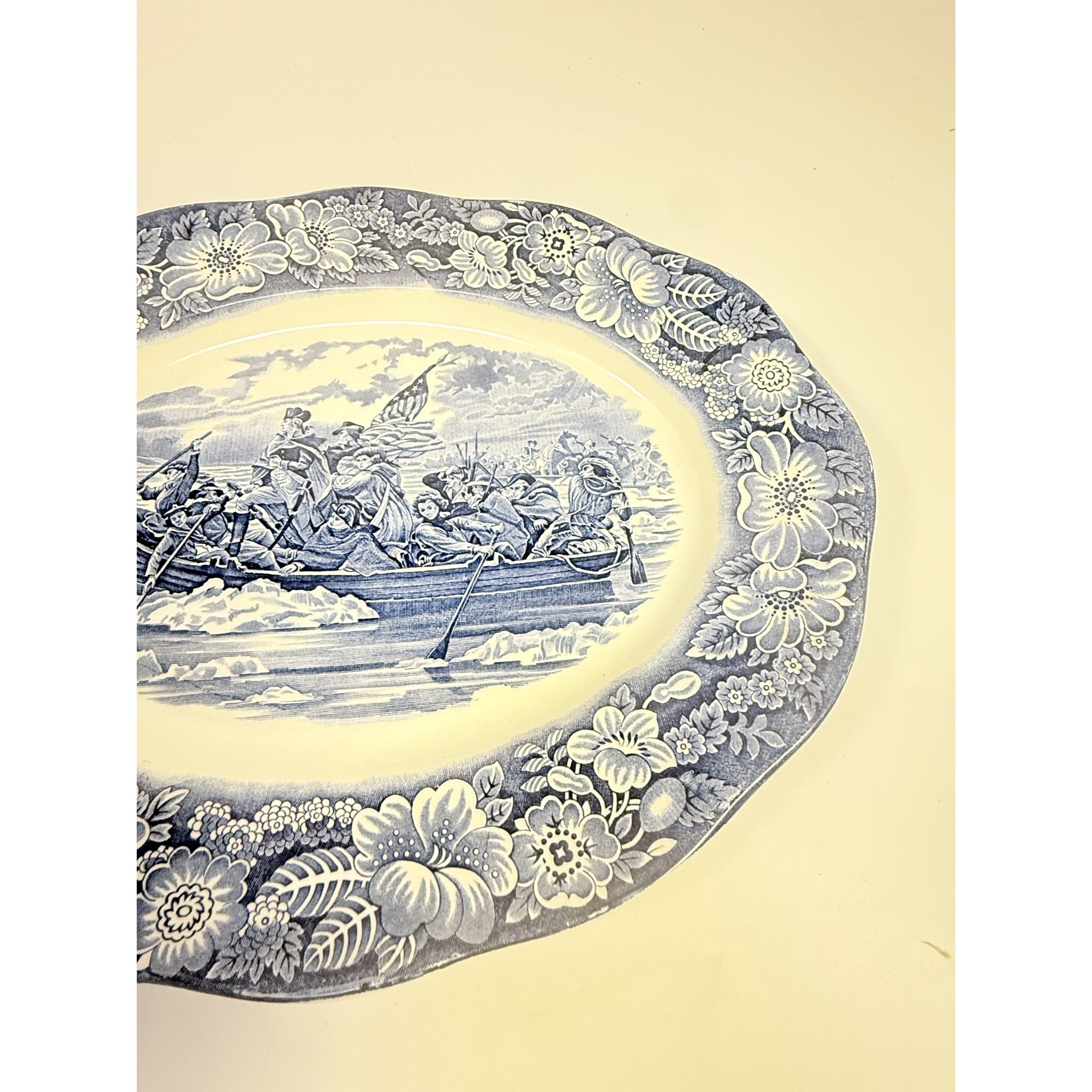 Intonstone Oval Serving Platter Staffordshire Liberty Blue 14" Oval Patriotic Washington Durham Boat Crossing Deleware Replacement China