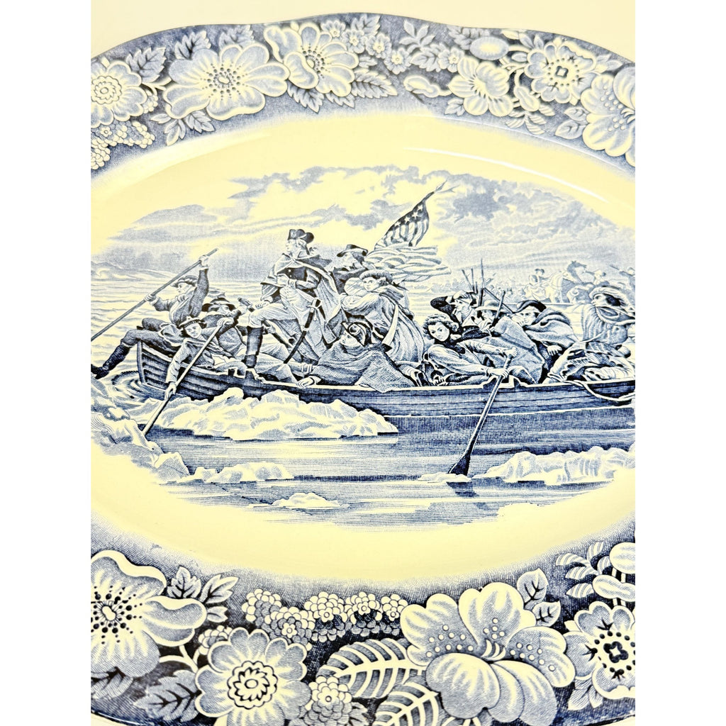 Intonstone Oval Serving Platter Staffordshire Liberty Blue 14" Oval Patriotic Washington Durham Boat Crossing Deleware Replacement China