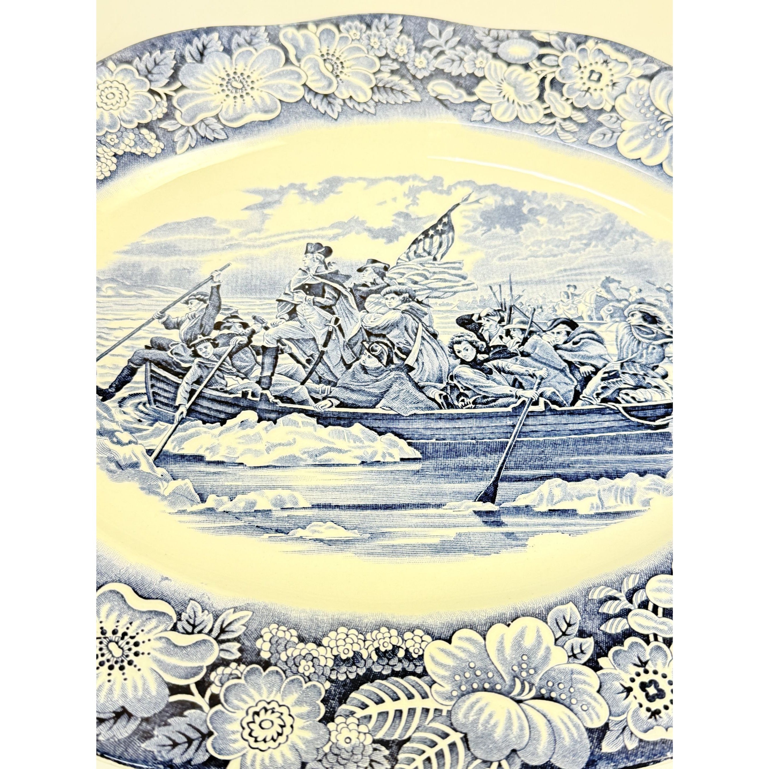 Intonstone Oval Serving Platter Staffordshire Liberty Blue 14" Oval Patriotic Washington Durham Boat Crossing Deleware Replacement China