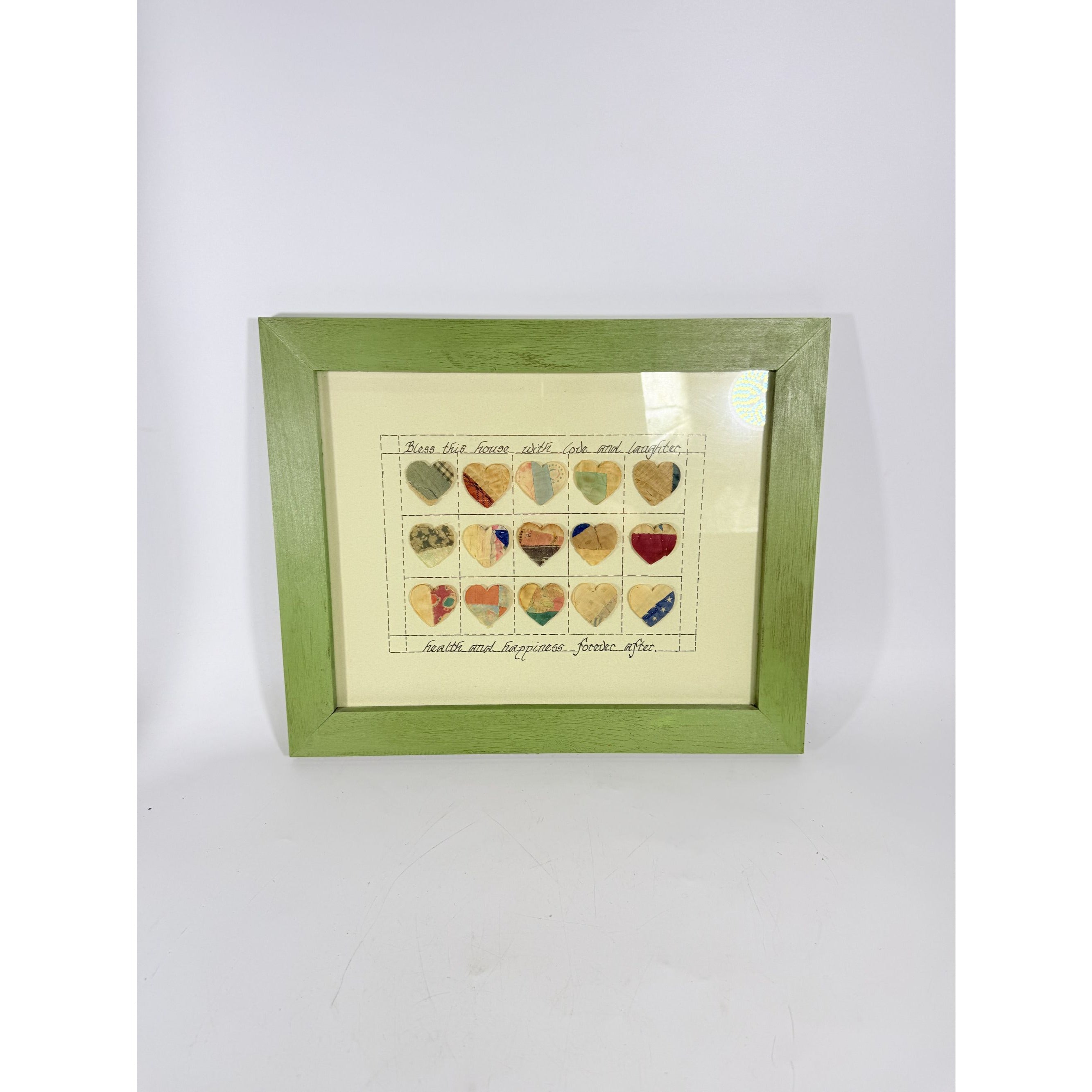 Handmade Quilt Art Bless This House Heart Unique Framed Wall Art Home Decor Decorative Accent Cutter Cottage Granny Core Farmhouse Primitive