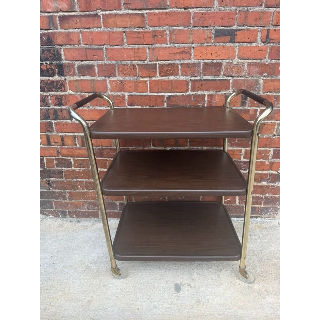 Rolling Bar Cart Cosco Stylaire 3-Tier Metal Gold Bar Serving Cart Gold Faux Wood Finish Brown Mid Century Home Decor Decorative Accents