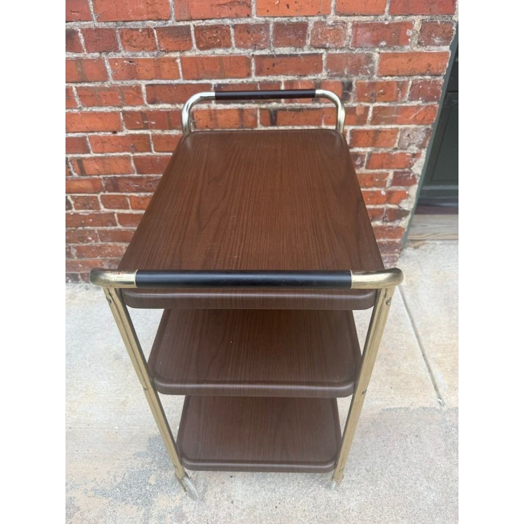 Rolling Bar Cart Cosco Stylaire 3-Tier Metal Gold Bar Serving Cart Gold Faux Wood Finish Brown Mid Century Home Decor Decorative Accents