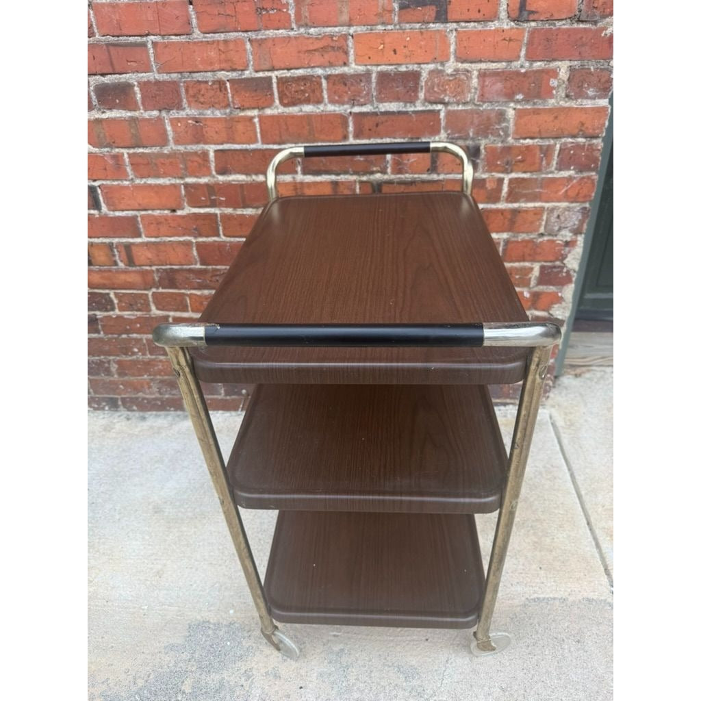 Rolling Bar Cart Cosco Stylaire 3-Tier Metal Gold Bar Serving Cart Gold Faux Wood Finish Brown Mid Century Home Decor Decorative Accents
