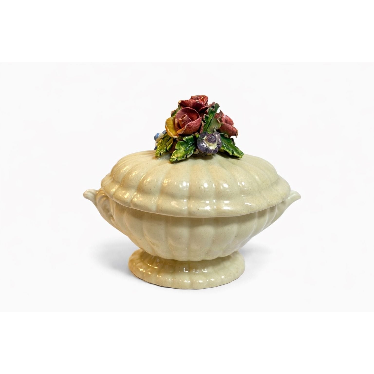 Italian Pottery Serving Dish Tureen Lidded Hand Painted Flowers Floral Ironstone Vintage Trinket Dish Grand Millenial Home Shelf Decor