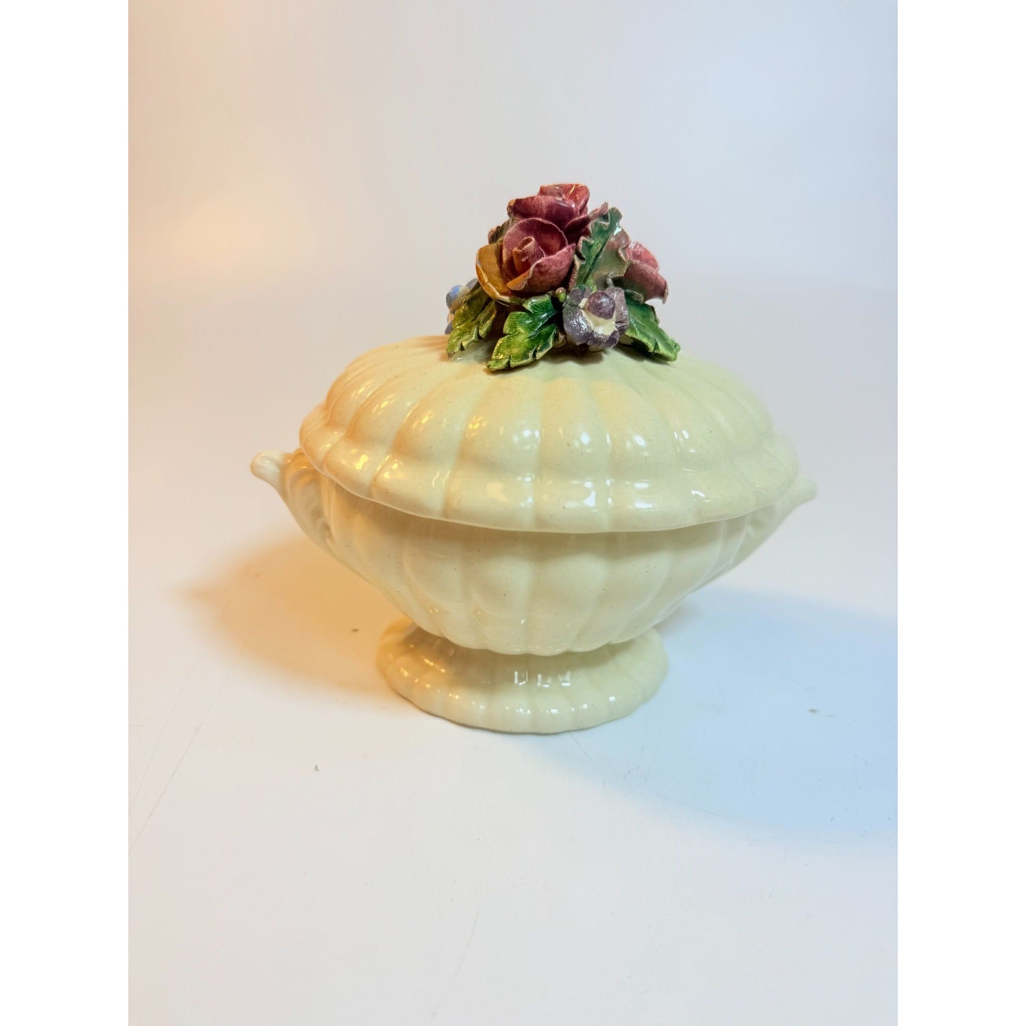 Italian Pottery Serving Dish Tureen Lidded Hand Painted Flowers Floral Ironstone Vintage Trinket Dish Grand Millenial Home Shelf Decor