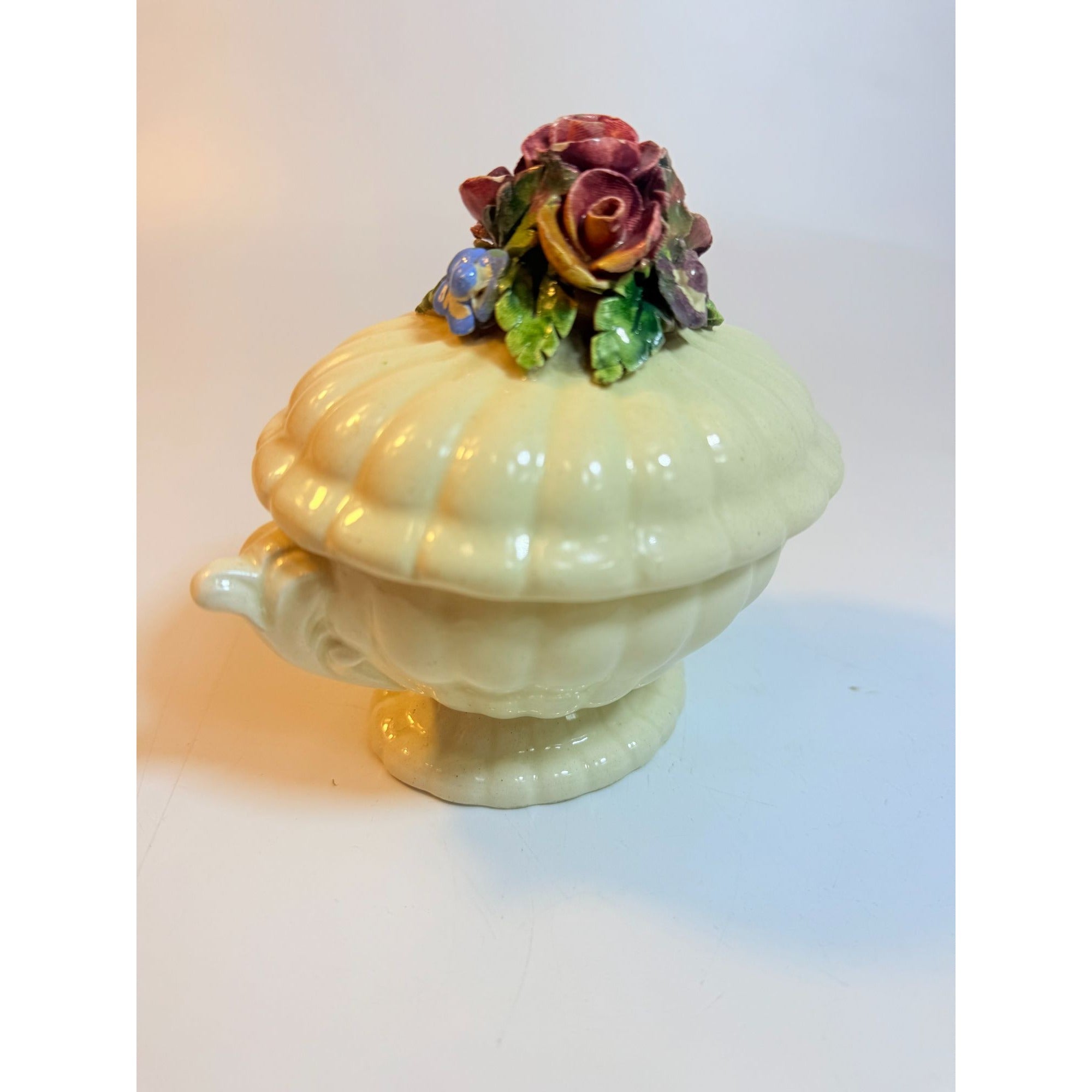 Italian Pottery Serving Dish Tureen Lidded Hand Painted Flowers Floral Ironstone Vintage Trinket Dish Grand Millenial Home Shelf Decor