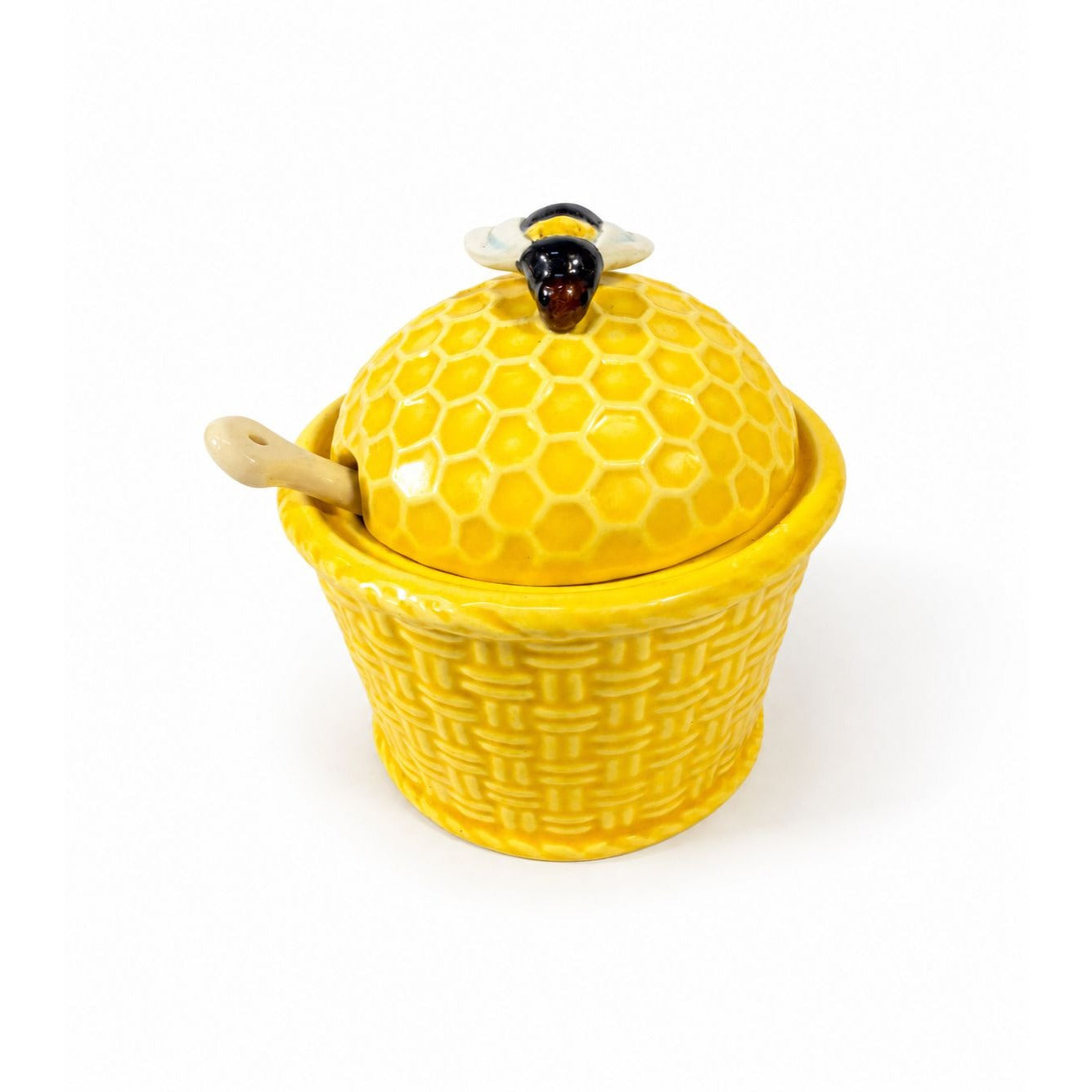 Honey Bee Honey Pot Holder Ceramic Porcelain Vintage Yellow Kitchenware Farmhouse Cottage Granny Core Serving Piece