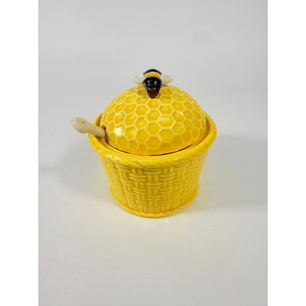 Honey Bee Honey Pot Holder Ceramic Porcelain Vintage Yellow Kitchenware Farmhouse Cottage Granny Core Serving Piece