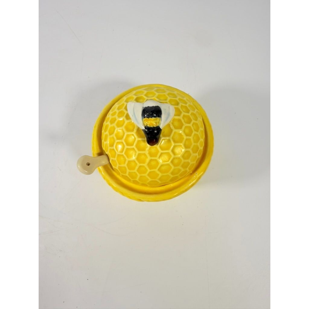 Honey Bee Honey Pot Holder Ceramic Porcelain Vintage Yellow Kitchenware Farmhouse Cottage Granny Core Serving Piece