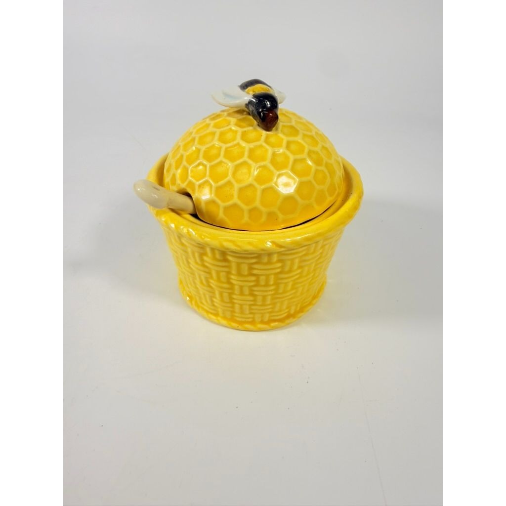 Honey Bee Honey Pot Holder Ceramic Porcelain Vintage Yellow Kitchenware Farmhouse Cottage Granny Core Serving Piece