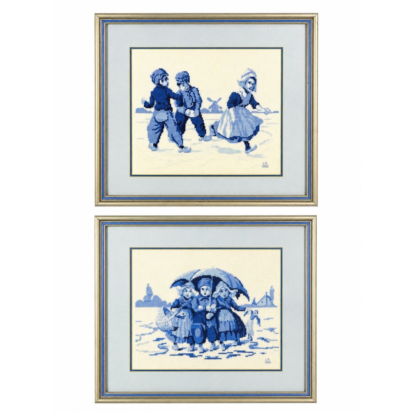 Framed Cross Stitch Pair Delft Blue White Dutch Jean McIntosh Children at Play Vintage Needlework Wall Art Home Decor Handmade