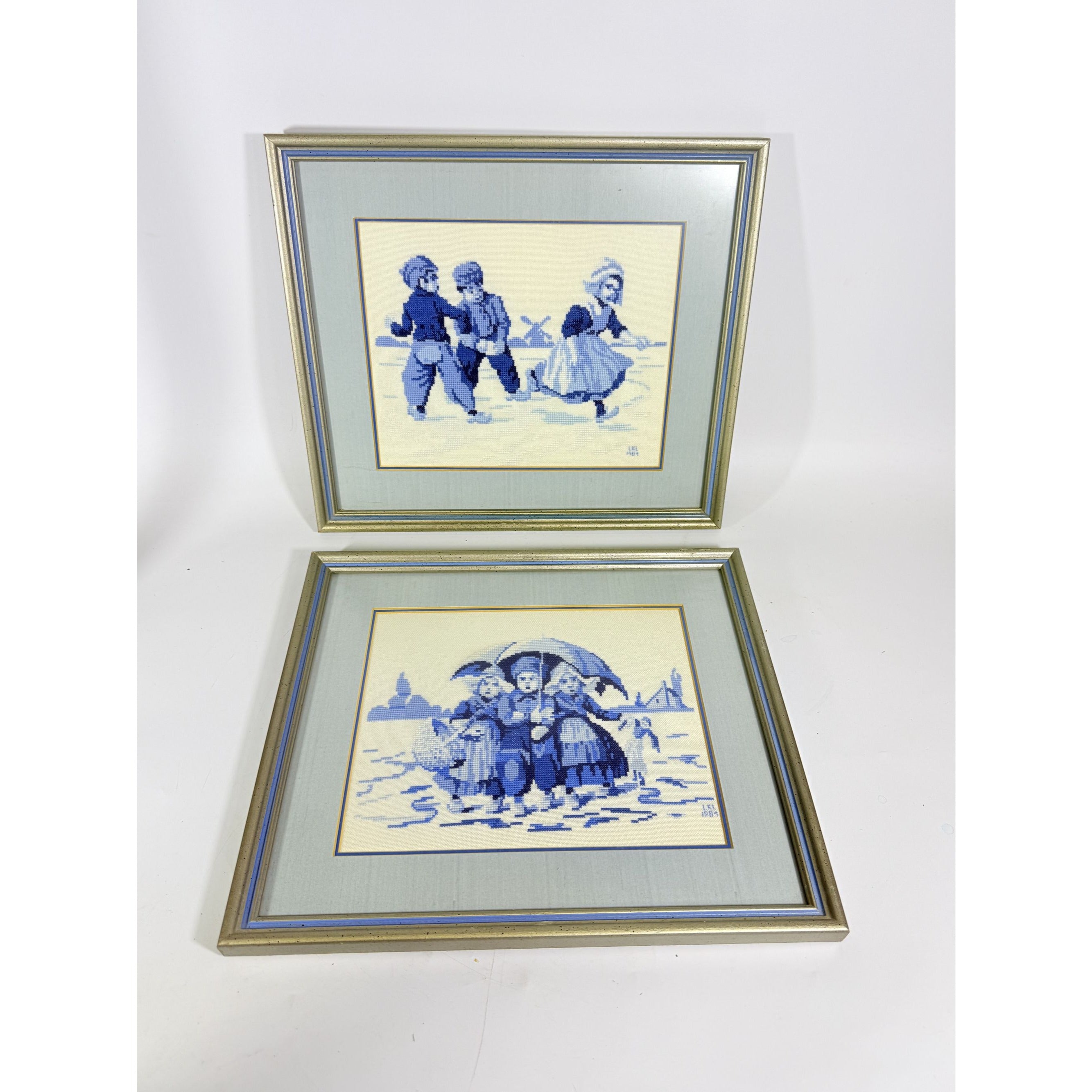 Framed Cross Stitch Pair Delft Blue White Dutch Jean McIntosh Children at Play Vintage Needlework Wall Art Home Decor Handmade