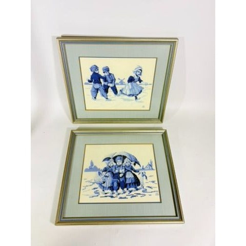Framed Cross Stitch Pair Delft Blue White Dutch Jean McIntosh Children at Play Vintage Needlework Wall Art Home Decor Handmade