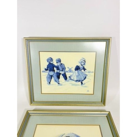 Framed Cross Stitch Pair Delft Blue White Dutch Jean McIntosh Children at Play Vintage Needlework Wall Art Home Decor Handmade