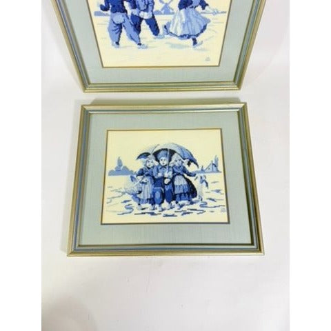Framed Cross Stitch Pair Delft Blue White Dutch Jean McIntosh Children at Play Vintage Needlework Wall Art Home Decor Handmade