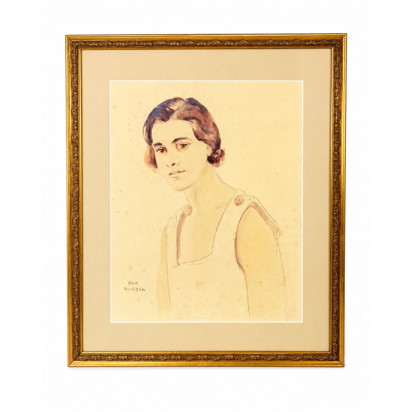 Framed Watercolor Pastel Portrait of a Young Woman Artist Signed Ada Budell Gold Frame Vintage Wall Art Home Decor