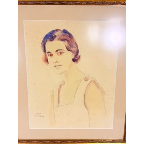 Framed Watercolor Pastel Portrait of a Young Woman Artist Signed Ada Budell Gold Frame Vintage Wall Art Home Decor